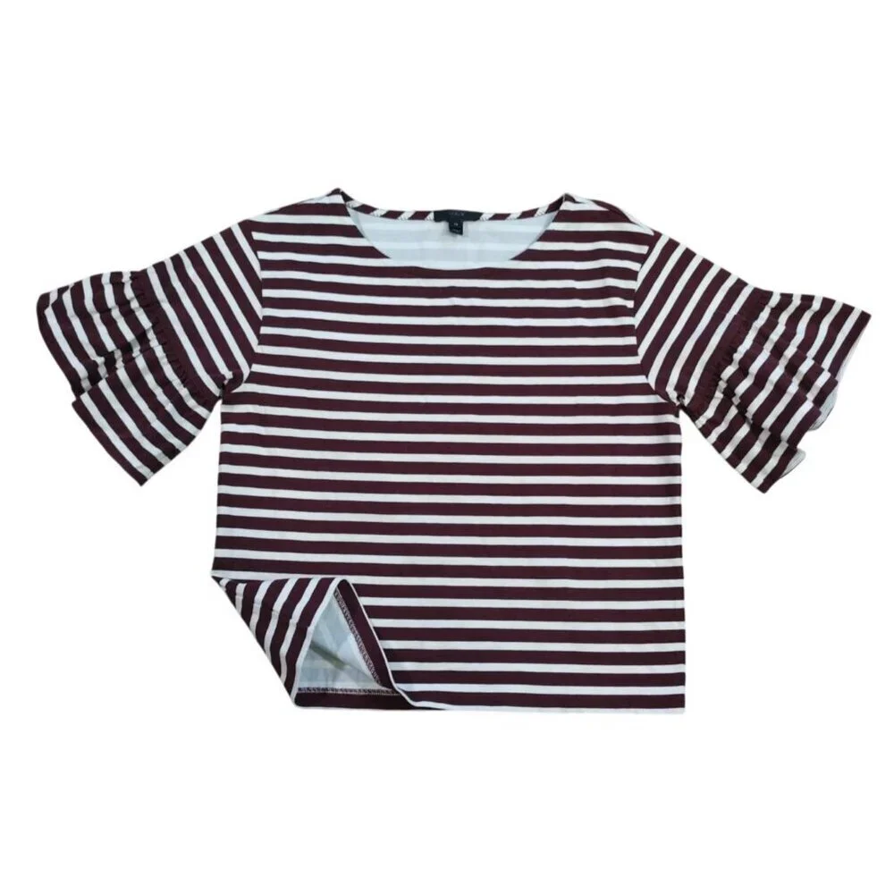 J.Crew Striped Ruffle Sleeve Relaxed Fit Top Women XS Burgundy White Cotton.